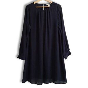 H&M / A-Line Sheer Sleeve Pleated Scoop Neck Knee Length Dress Navy Sz 14